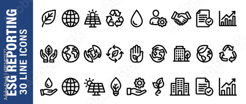 Set of 30 ESG Reporting and Sustainability Metrics Line Icons. Bold Vector Symbols for Environmental Social Governance, Green Energy, Recycling, Corporate Responsibility, and Ethical Business.