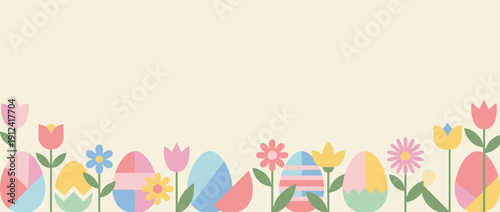 Panoramic Spring Meadow Border with Pastel Easter Eggs and Wildflowers Vector Illustration. Minimalist Flat Design Background with Tulips and Daisies for Easter Greeting Cards and Web Banners.