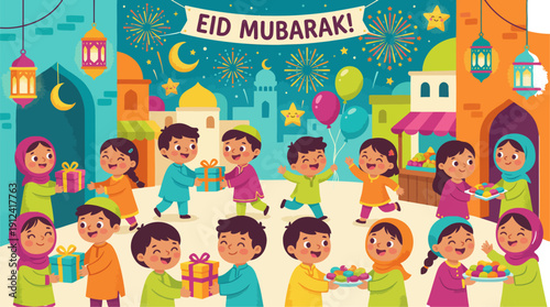 Colorful Eid Mubarak celebration scene with happy children exchanging gifts, fireworks, lanterns, and festive Islamic city background