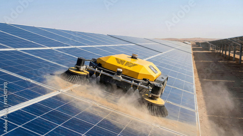 Autonomous robot cleaning dust off solar panels.