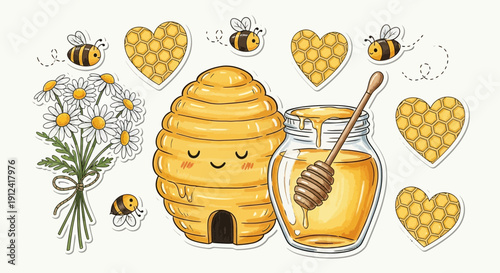 Cartoon beehive illustration with honey jar flowers and bees isolated