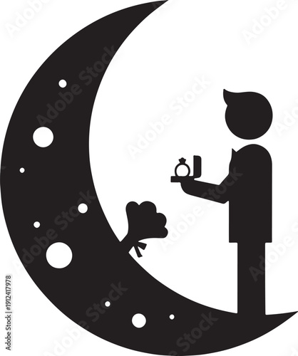Black silhouette of man proposing with ring and flowers under crescent moon couple woman