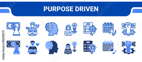 Purpose Driven Icon Collection,  featuring Purpose, Gratitude, Mindset, Confidence, Focus, Discipline, Action.