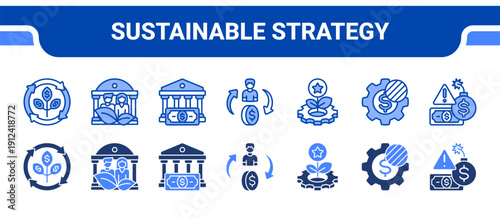 Sustainable Strategy Icon Collection,  featuring Sustainable, ESG, Governance, Social responsibility, Sustainable development, Transparency, Risk.