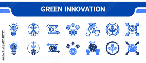 Green Innovation Icon Collection,  featuring Innovation, Renewable, Circular economy, Biodiversity, Environmental, Sustainable, Impact.