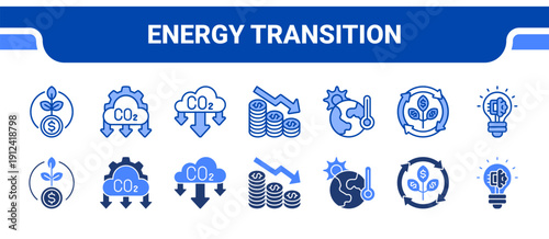 Energy Transition Icon Collection,  featuring Renewable, Net zero, Carbon, Emission, Climate, Sustainable, Innovation.