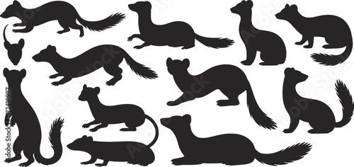 Silhouette collection of weasel mustelid mammals in various poses, standing, crouching, running, sitting, isolated animal shapes illustration