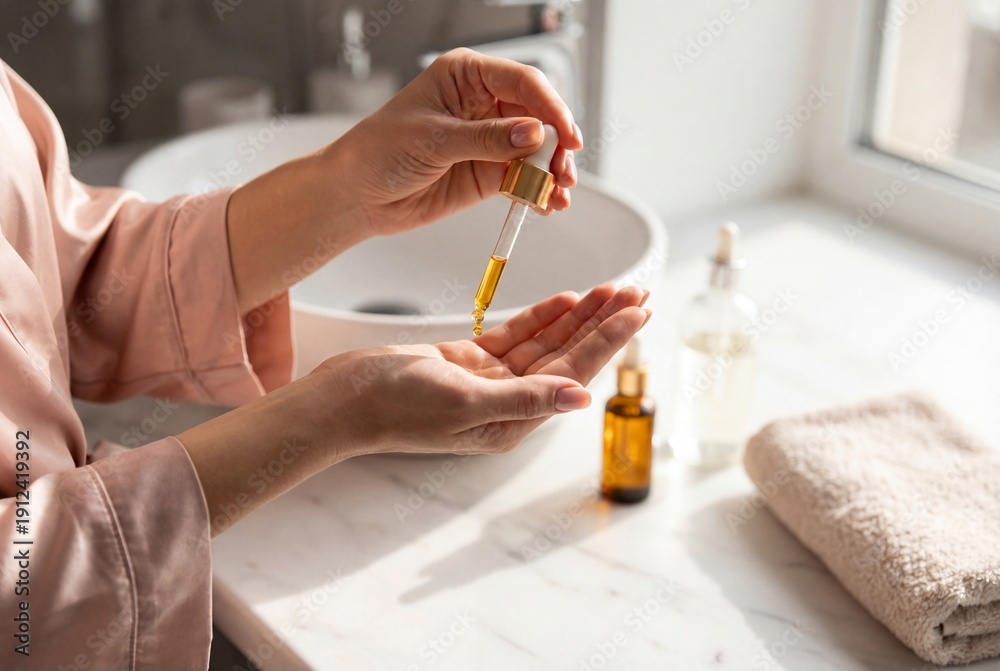 Obraz premium Close up of hands applying facial oil drop from glass dropper