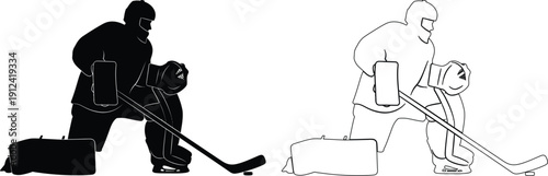 Ice hockey players demonstrating stickhandling and shooting techniques on the rink