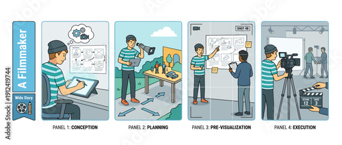 Professional filmmaker workflow vector illustration set featuring four stages: conception with storyboarding, planning camera shots, pre-visualization with team, and final execution on set.