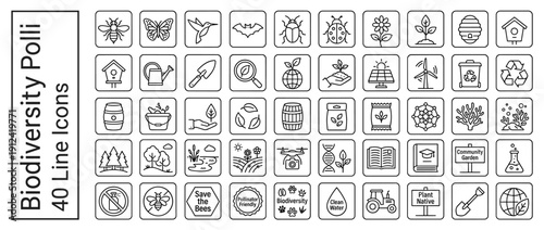 Biodiversity and Pollinator Protection Icon Set: 40 Line Icons Featuring Bees, Butterflies, Hummingbirds, Flowers, Sustainable Energy, Recycling, Gardening Tools, and Environmental Conservation.