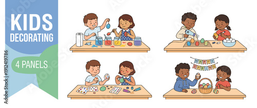 Set of four vector illustrations showing diverse kids decorating Easter eggs at a craft table using colorful dyes, markers, and stickers for a fun spring holiday activity and creative DIY project.
