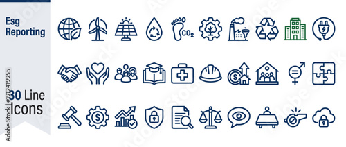 ESG Reporting and Sustainability Metrics Icon Set: 30 Bold Line Vector Icons for Environmental Social and Governance Standards, Corporate Responsibility, Green Energy, and Ethical Business Growth