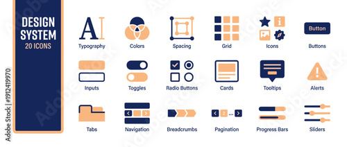 Design System Vector Icon Set Featuring 20 UI Components and Tokens in Duotone Style. Includes Typography, Colors, Spacing, Grid, Buttons, Inputs, Toggles, Cards, Tooltips, Alerts, Tabs, Sliders.