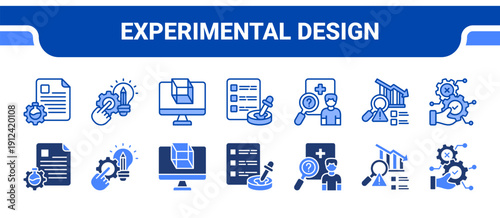 Experimental Design Icon Collection,  featuring Experiment, Engineering design, Simulation, Lab testing, Clinical trials, Risk analysis, Feasibility.
