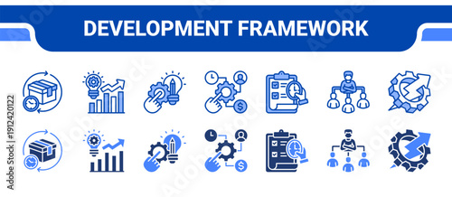 Development Framework Icon Collection,  featuring Product lifecycle, Process improvement, Engineering design, Resource allocation, Planning, Organization, Productivity.