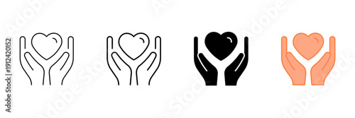 Set of minimalist hands holding heart icons with transparent background, depicting care, love, charity, and support symbols for user interfaces, web, and mobile apps, vector illustration