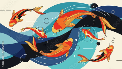 Vibrant koi fish swimming in abstract water illustration