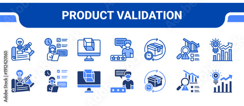 Product Validation Icon Collection,  featuring Prototyping, User testing, Simulation, Customer feedback, Product lifecycle, Risk analysis, Process improvement.