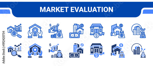 Market Evaluation Icon Collection,  featuring Market analysis, Appreciation, Profit, ROI, Value, Asset, Investment.