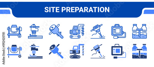 Site Preparation Icon Collection,  featuring Concrete, Compaction, Soil compactor, Drilling rig, Hammer, Testing tools, Soil sample.