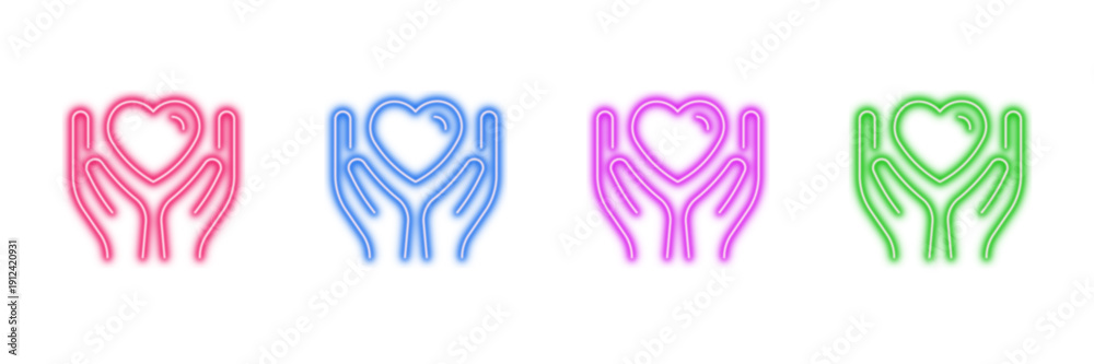 Obraz premium Neon glowing hands holding heart vector icons set, love, care, support, donation, health, well-being, vibrant colorful digital design illustration.