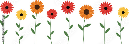 Horizontal row of eight red, orange, and yellow zinnias in minimalist flat vector style for floral borders