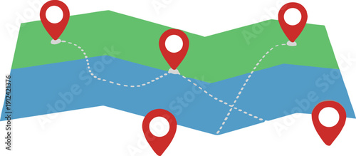 Horizontal folded map illustration with red location pins and dotted route lines in minimalist flat vector style