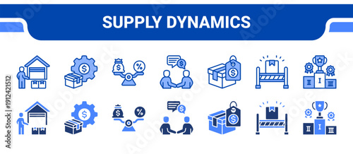 Supply Dynamics Icon Collection,  featuring Suppliers, Costs, Scale, Negotiation, Pricing, Barriers, Competitive.
