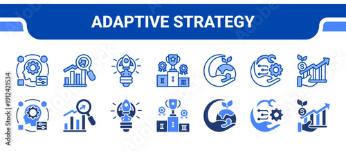 Adaptive Strategy Icon Collection,  featuring Adaptability, Trends, Innovation, Competitive, Environmental issues, Technological advancement, Growth.