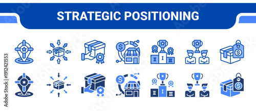 Strategic Positioning Icon Collection,  featuring Positioning, Differentiation, Brand loyalty, Market share, Competitive, Competition, Pricing.