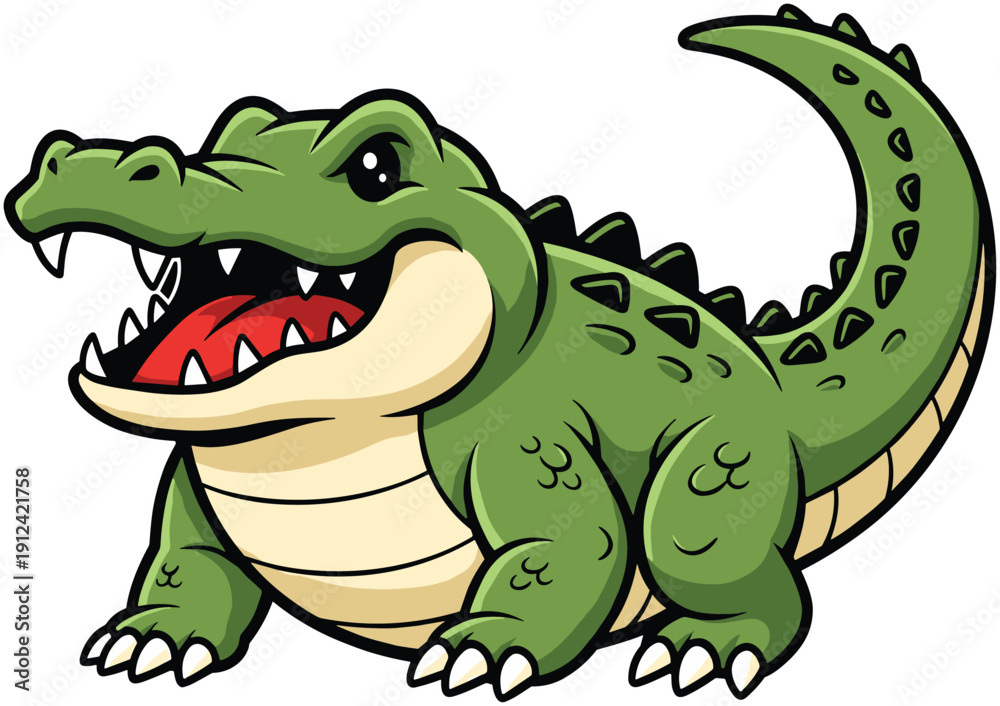 Fototapeta premium A playful vector illustration of a cute green alligator mascot with a big smile and sharp teeth isolated on a white background for children design.