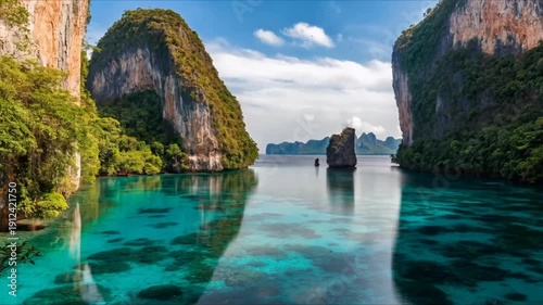 Cinematic aerial view of turquoise ocean water surrounded by limestone cliffs during sunny day in tropical paradise island bay