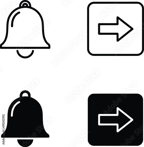 Notification bell and forward arrow icons simple outline and filled styles for user interface design vector