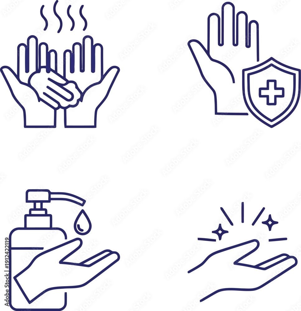 Obraz premium Hand hygiene icons representing washing sanitizing protection cleanliness and germ removal vector