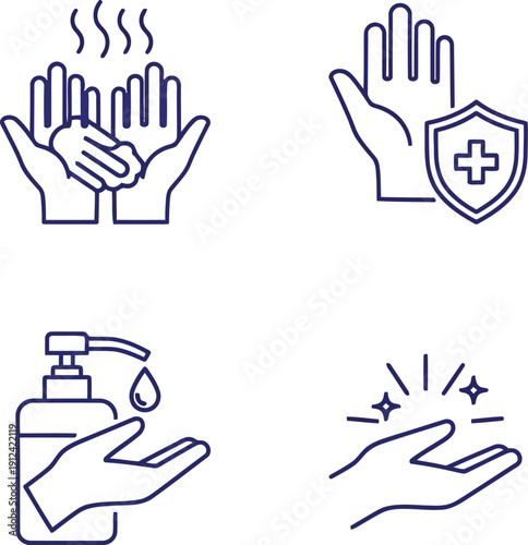 Hand hygiene icons representing washing sanitizing protection cleanliness and germ removal vector