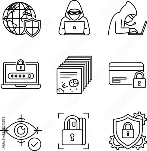 Cybersecurity icons depicting data protection encryption hacking and privacy concepts in simple line art vector