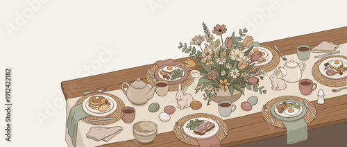 Panoramic Vector Banner Illustration of a Cozy Easter Brunch Table Setting from Top View with Plates of Eggs, Pancakes, Bacon, Teapots, Spring Flowers, Colorful Eggs, and Cute Bunny Figurines