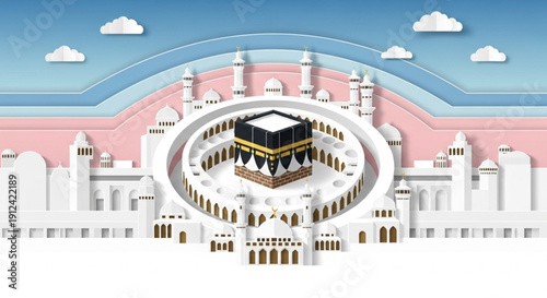 A unique paper cut-out perspective of the Masjid al-Haram with the Kaaba in the center, featuring circular architecture and pastel sky colors.