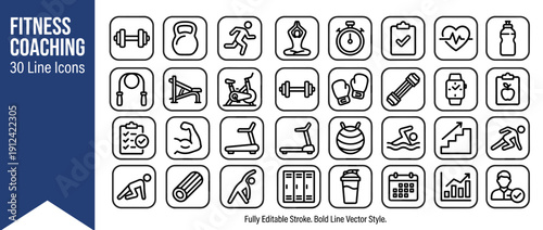 Professional Fitness Coaching and Workout Plan Line Icon Set with 30 Bold Vector Symbols for Gym Exercise Health and Wellness Including Dumbbell Kettlebell Running Yoga Nutrition and Equipment Icons