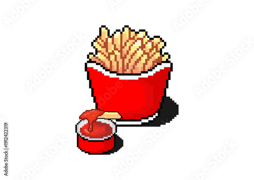 A pixel-art style illustration of golden crispy fries in a red carton beside a small ketchup cup, with a fry dipped in sauce—perfect for fast-food nostalgia and retro gaming vibes.