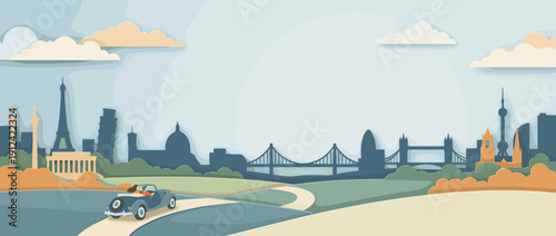Panoramic vector banner illustration of a city weekend getaway with world landmarks in silhouette including Eiffel Tower and Tower Bridge, couple driving vintage car in paper cut style landscape.