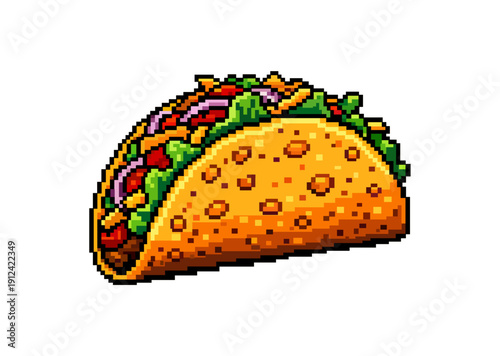 Pixel-art taco filled with vibrant toppings—lettuce, tomato, cheese, and meat—crispy shell glowing with retro charm, perfect for game art or food-themed digital designs.