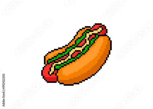 Pixel art illustration of a classic hot dog with sausage, bun, and toppings in retro 8-bit style, isolated on a simple background.