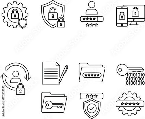 Cybersecurity and data protection icons set secure login encryption network access and identity management concepts vector