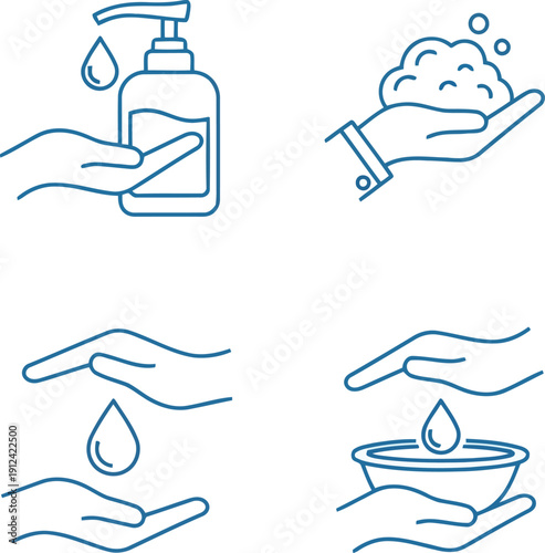 Hand hygiene steps icon set clean hands soap water washing prevention virus protection infographic vector