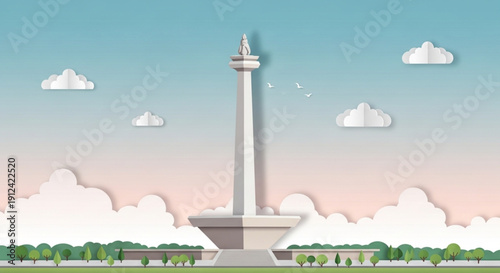 A clean paper-style depiction of the Monas National Monument in Jakarta, Indonesia, featuring park trees and a soft gradient sky.