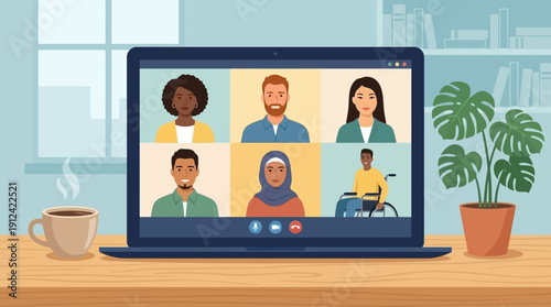 Diverse team connecting remotely via video conference call at home