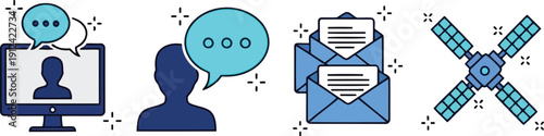 Digital communication concepts including video call email messaging and satellite technology icons vector