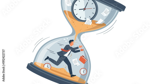 Stressed Businessman Battling Urgent Deadlines Within an Hourglass